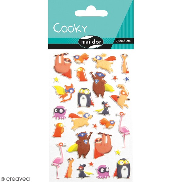 Stickers Fantaisie Cooky - Animaux super-héros - 1 planche 7,5 x 12 cm - Photo n°1