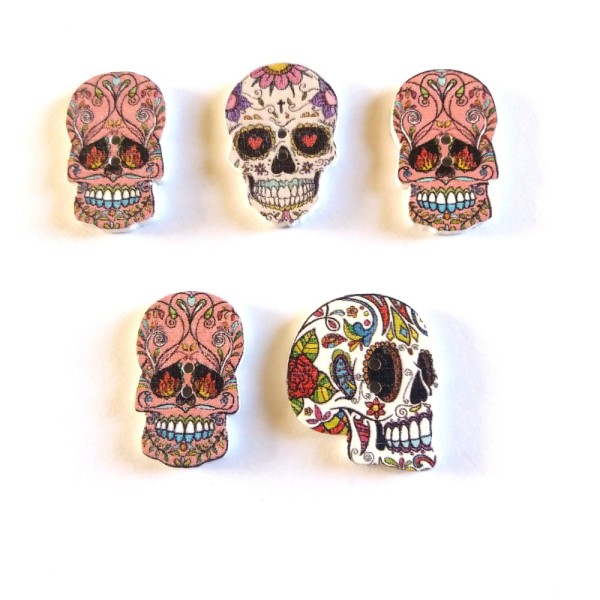 5 Boutons en bois – tête de mort multicolore –  f1 - Photo n°1