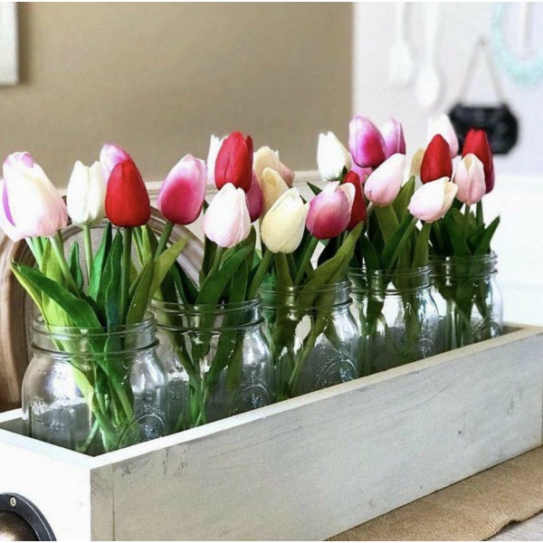 3pcs Mix Jaune Rouge Tulip Pu Fleur Artificielle Bouquet de Pâques, Printemps Home Decor, Touch réel - Photo n°3