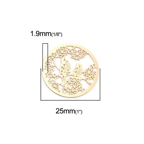 PS110216375 PAX 5 Estampes pendentif filigrane Oiseau sur la branche 25mm métal couleur Doré - Photo n°2
