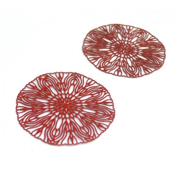 AE113487 Lot de 2 Estampes pendentif filigrane Rosace 40mm métal couleur Rouge - Photo n°2