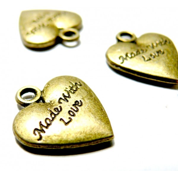 Lot de 20 pendentifs Made with love coeur métal couleur Bronze BRPP0002 - Photo n°1