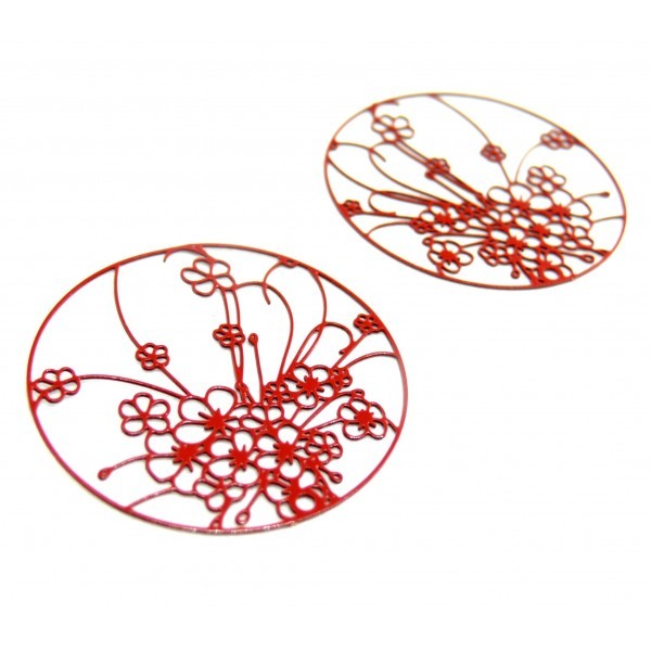 AE114140 Lot de 4 Estampes pendentif filigrane Champ de Fleurs 30mm métal couleur Rouge - Photo n°1