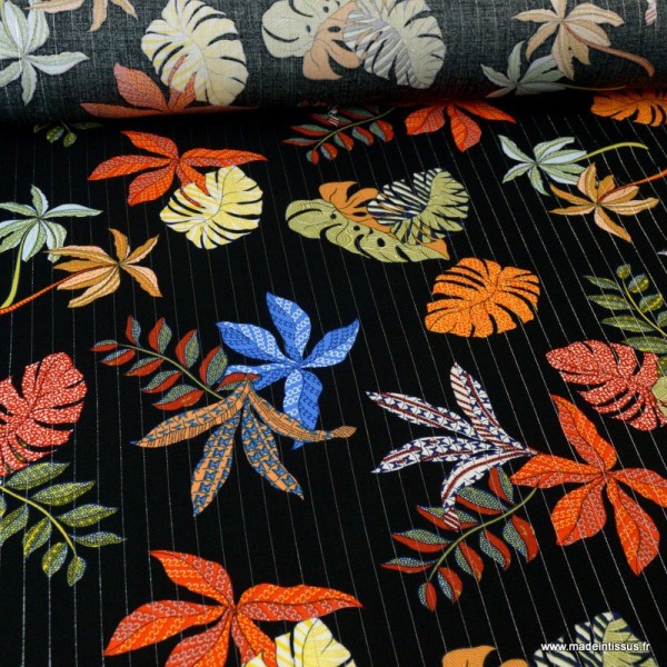 Tissu viscose Lurex feuilles de palme Lunaire coloris Noir - Photo n°1