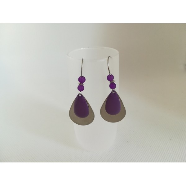Kit boucles d'oreilles goutte métal argent mat et sequin émail violet - Photo n°2