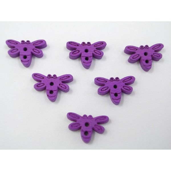 LOT 6 BOUTONS BOIS : libellule violette 15mm - Photo n°1