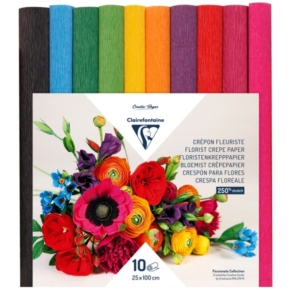 Assortiment de papiers crépon fleuriste - Vifs - 10 rouleaux de 25 x 100 cm - Photo n°1