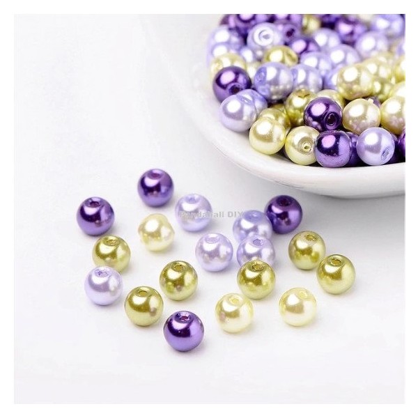 Perles ronde en verre nacré en mélange coloris assortis 8 mm VERT PARME VIOLET ECRU - Photo n°1