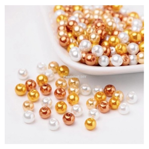 Perles ronde en verre nacré en mélange coloris assortis 8 mm ECRU DORE CUIVRE - Photo n°1
