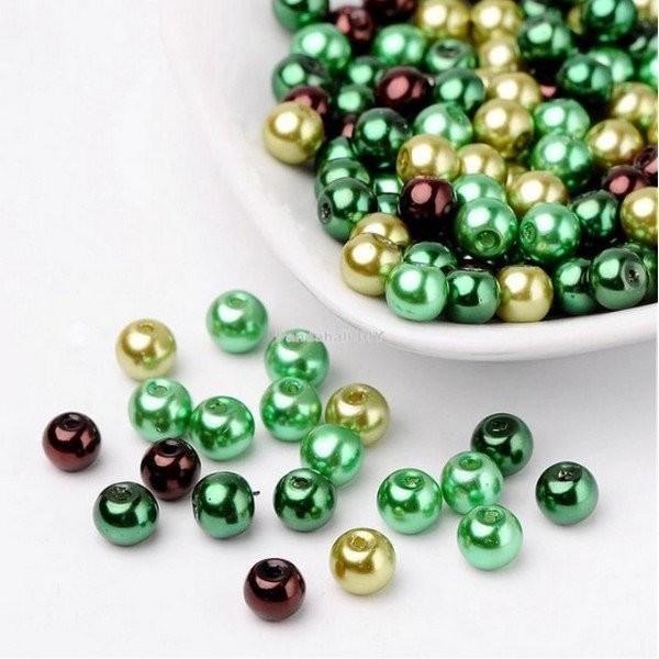 Perles ronde en verre nacré en mélange coloris assortis 8 mm VERT MARRON - Photo n°1
