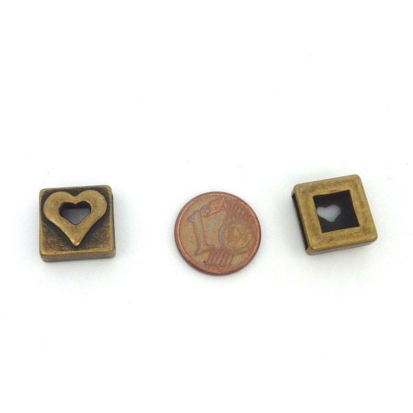 3 Perles Passant Carré Avec Coeur En Métal Bronze - Photo n°2