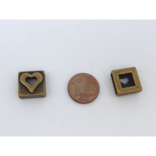 3 Perles Passant Carré Avec Coeur En Métal Bronze - Photo n°5