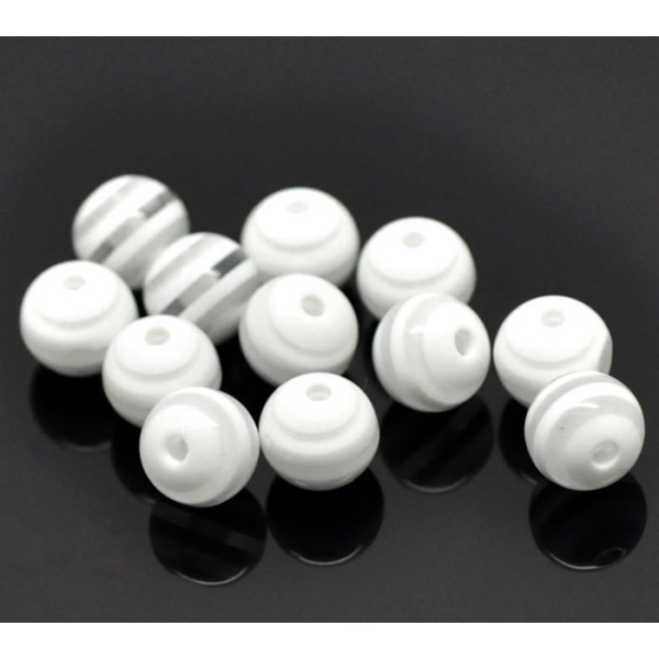 30 Perles Ronde Rayées 6mm En Acrylique. Transparent - Blanc, Perle Rayée - Photo n°1
