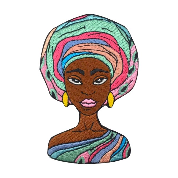 Patch brodé femme noire, femme africaine avec turban, écusson thermocollant 9,5 cm - Photo n°1