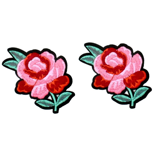2 Ecussons brodés fleurs, patchs thermocollants fleur rose, 9 cm - Photo n°1