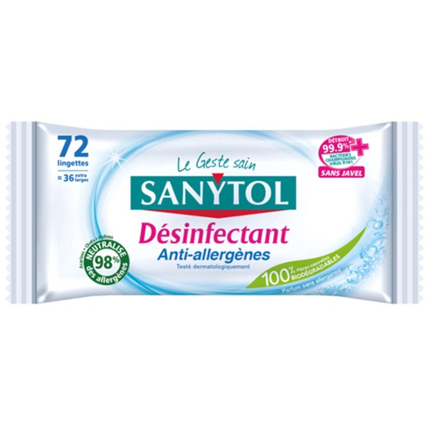 Lingettes désinfectantes multi-usages Sanytol - Anti allergènes - 72 Lingettes - Photo n°1