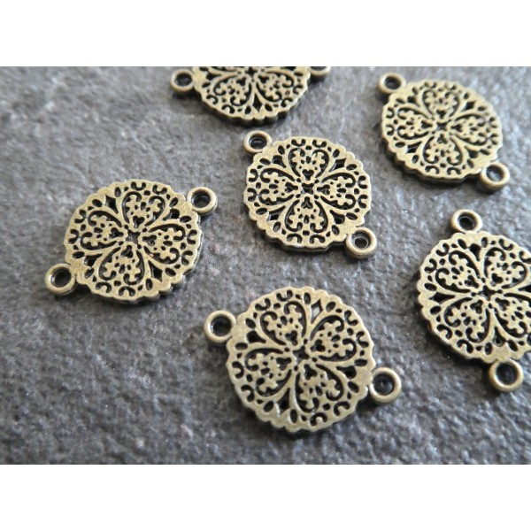 6 Connecteurs ronds motif fleurs, style bohême 18*21mm bronze - Photo n°2