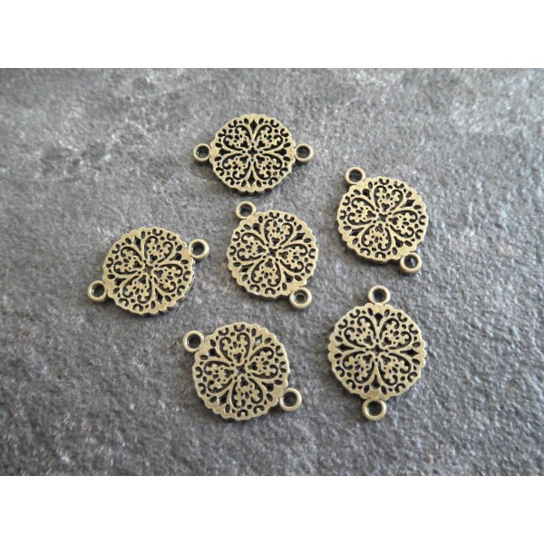 6 Connecteurs ronds motif fleurs, style bohême 18*21mm bronze - Photo n°1