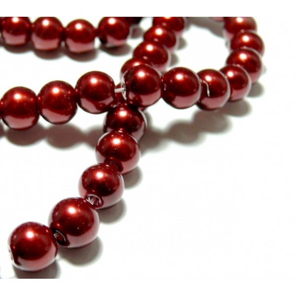 Fil de 85 perles de verre nacre rouge burgundy 10mm P86 - Photo n°1
