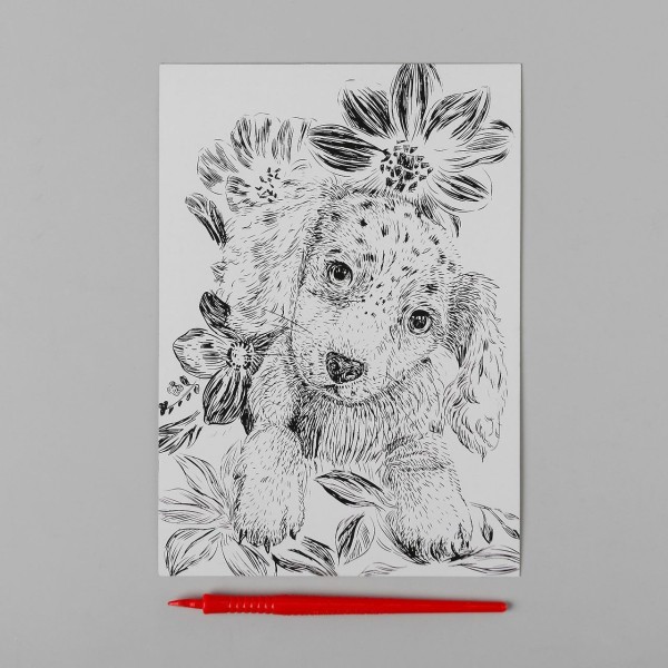 Chiot Beagle Chien Scratch Art Kit de BRICOLAGE, Argent Métallisé Effet Holographique, Gravure Trous - Photo n°2