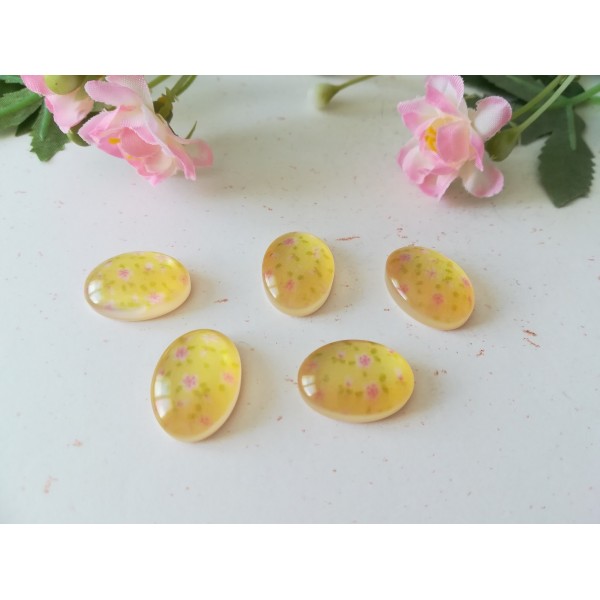 Cabochons résine ovale 13 x 8 mm jaune à fleur x 5 - Photo n°1