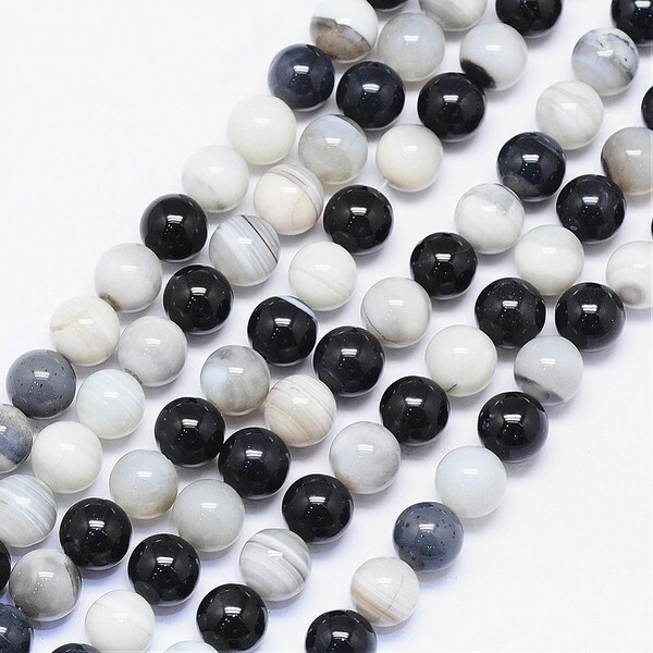 10 perles ronde en pierre naturelle AGATHE 8 mm BLANC NOIR 425 - Photo n°2