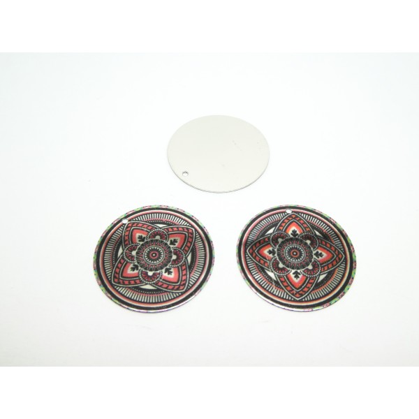 2 Breloques rondes lisses 25mm imprimé mandala noir, rouge, argent - Photo n°1