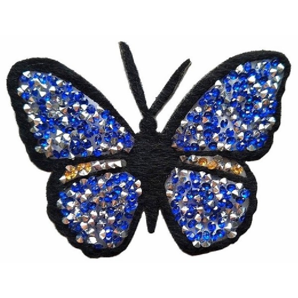 Ecusson papillon strass bleu, patch perles thermocollant pour customisation, 8,7 cm - Photo n°1