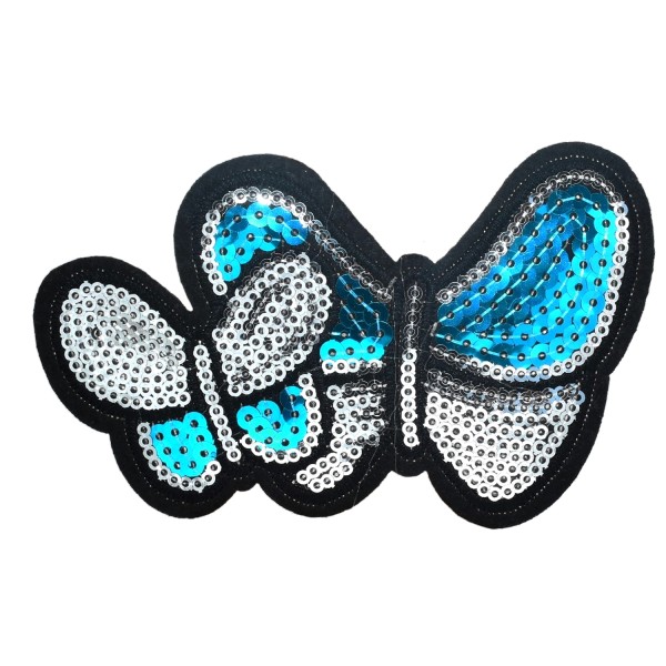 Ecusson papillon à sequins bleu et argent, patch thermocollant pour customisation, 11,8 cm - Photo n°1