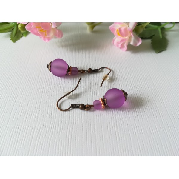 Kit boucles d'oreilles perle violette dépolie et apprêts cuivres - Photo n°1