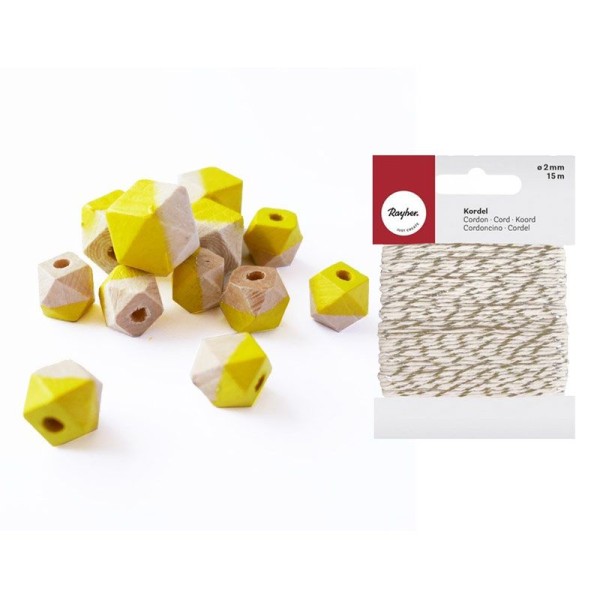 Perles en bois diamant jaune + Ficelle dorée & blanche 15 m - Photo n°1