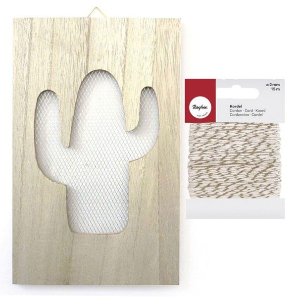 Tableau en bois grillage cactus 15 x 24 cm + Ficelle dorée & blanche - Photo n°1