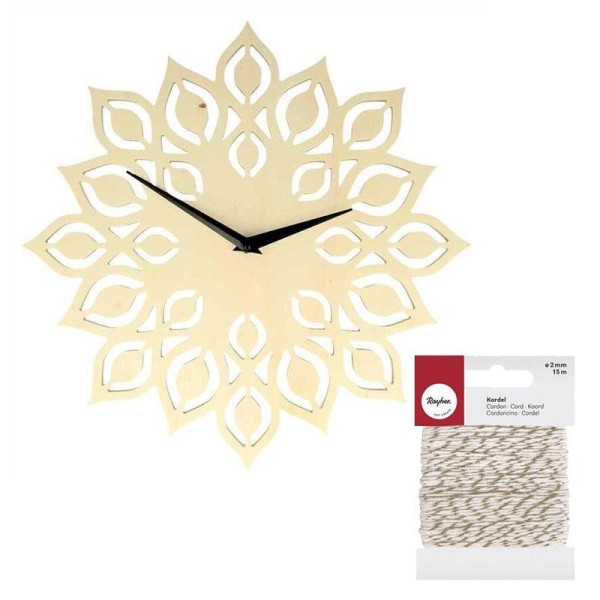 Horloge en bois fleur Ø 30 cm + Ficelle dorée & blanche 15 m - Photo n°1