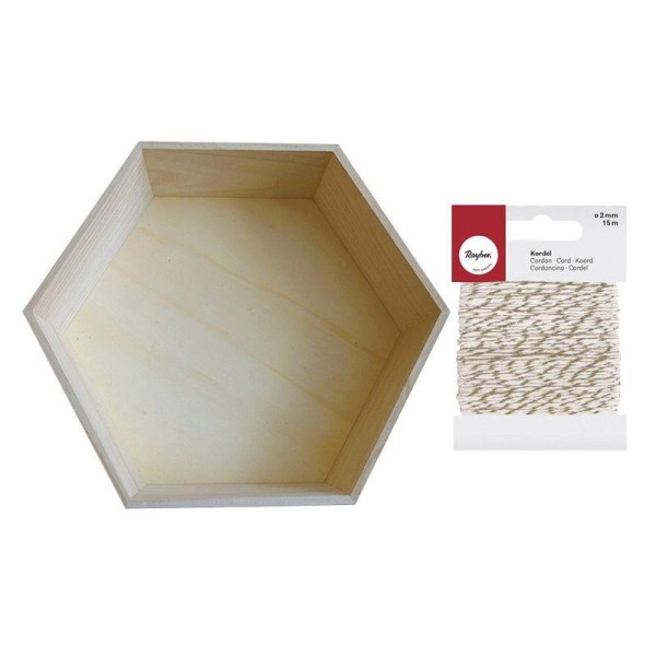 Etagère hexagonale bois 30 x 26 cm + Ficelle dorée & blanche - Photo n°1
