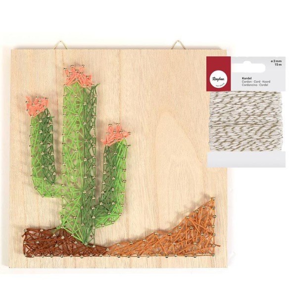 Cadre bois mural String art 22 x 22 cm Cactus + Ficelle dorée & blanche - Photo n°1