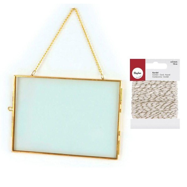 Cadre verre vintage rectangle 18 x 13 cm avec chaîne + Ficelle dorée & blanche - Photo n°1
