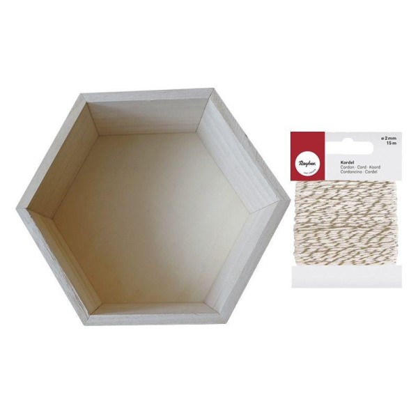 Etagère hexagone bois 24 x 21 cm + Ficelle dorée & blanche - Photo n°1