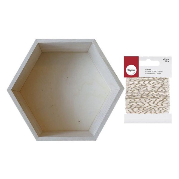 Etagère hexagone bois 27 x 23,5 cm + Ficelle dorée & blanche - Photo n°1
