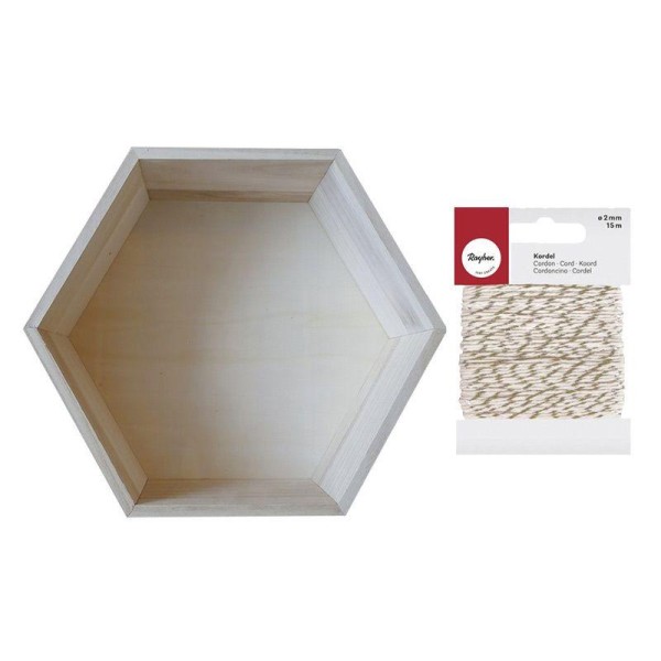 Etagère hexagone bois 30 x 26,5 cm + Ficelle dorée & blanche - Photo n°1