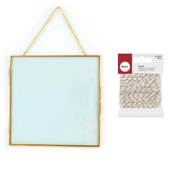 Cadre verre vintage carré avec chaîne 20 x 20 cm + Ficelle dorée & blanche - Photo n°1