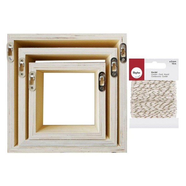 3 étagères carrées bois 22 x 22 x 8 cm + Ficelle dorée & blanche - Photo n°1