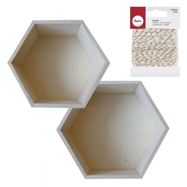 2 étagères hexagonales bois 24 cm et 27 cm + Ficelle dorée & blanche - Photo n°1
