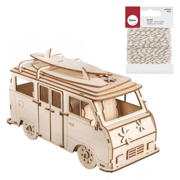 Maquette bois 3D Camping Car 30 x 13 x 17 cm + Ficelle dorée & blanche - Photo n°1