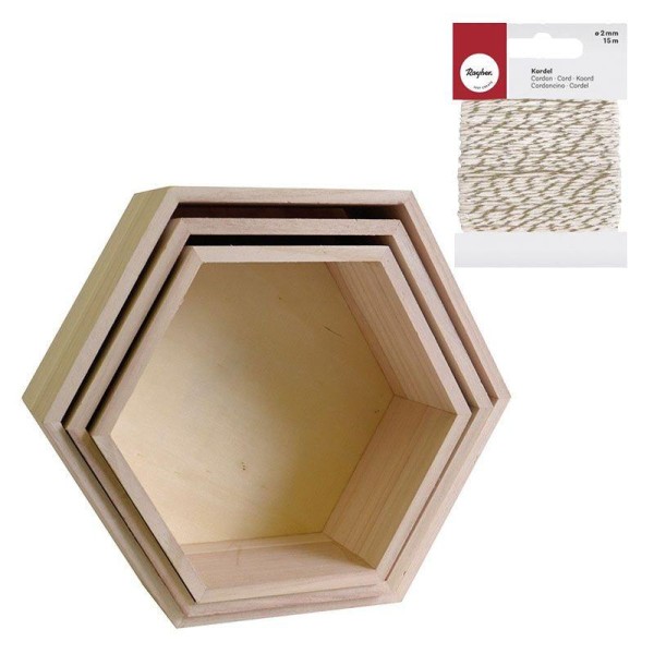 3 étagères hexagone bois + Ficelle dorée & blanche - Photo n°1