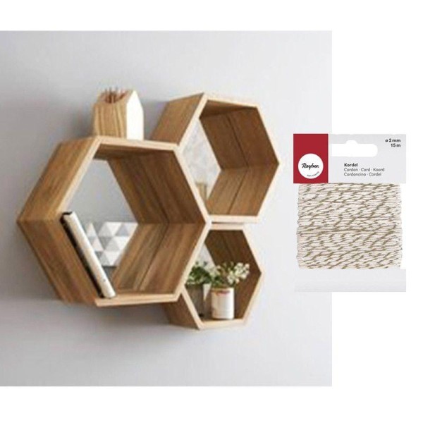 3 étagères hexagonales bois + Ficelle dorée & blanche 15 m - Photo n°2