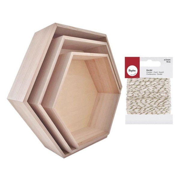 3 étagères hexagonales bois + Ficelle dorée & blanche 15 m - Photo n°1