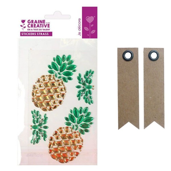 4 stickers strass 15 x 9,5 cm Ananas + 20 étiquettes kraft Fanion - Photo n°1