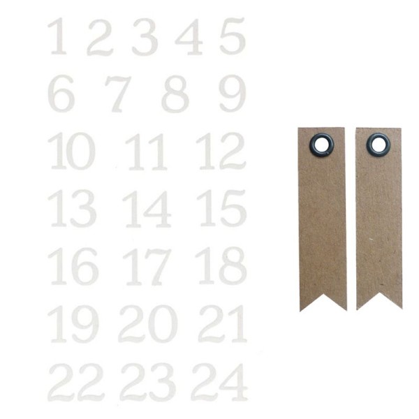 24 stickers floqués Chiffres Misty Winter + 20 étiquettes kraft Fanion - Photo n°1