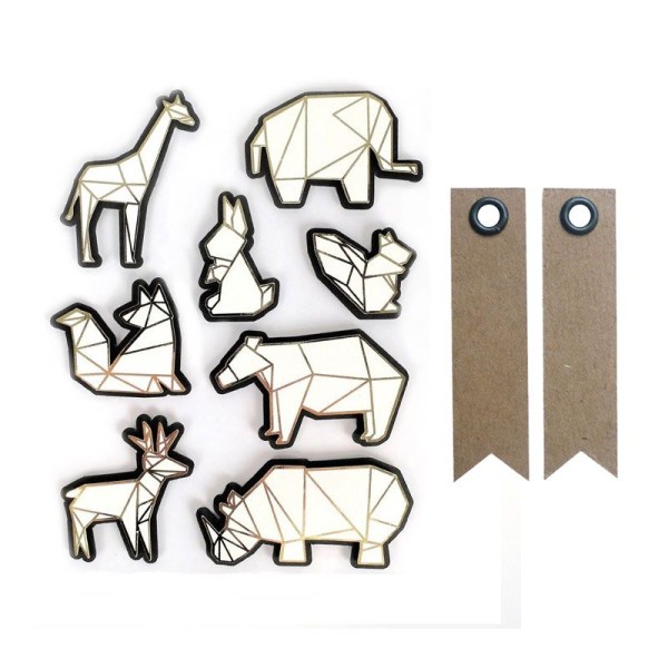 8 stickers 3D animaux du zoo 6 cm + 20 étiquettes kraft Fanion - Photo n°1