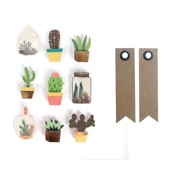 9 stickers 3D cactus et botanique 4 cm + 20 étiquettes kraft Fanion - Photo n°1